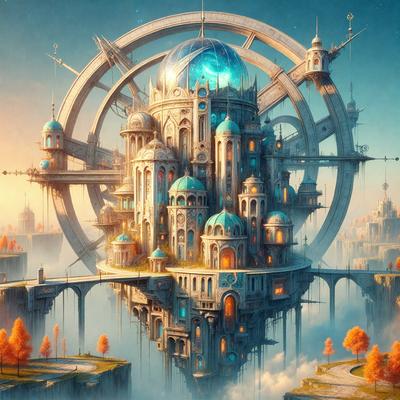 Primary subject: A large, intricate, and colorful castle with a clock tower in the center.

Setting/background: The castle is set in a lush green field, with a sky background.

Visual style: The image is a digital art or illustration, featuring a detailed and vibrant design.

Colors and mood: The castle is predominantly blue and gold, with a warm and inviting atmosphere.
